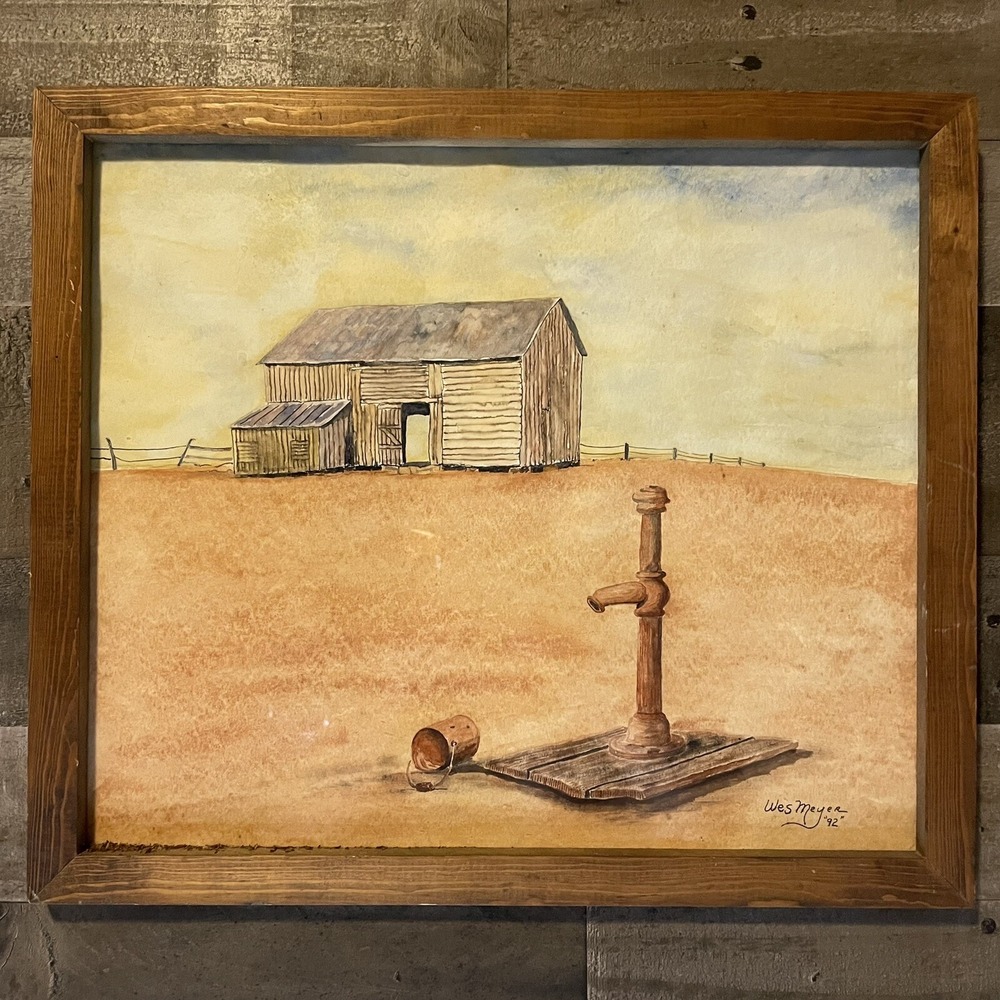 Vtg Original Watercolor Painting‎ Barn & Water Pump Signed Wes Meyer 92 Framed